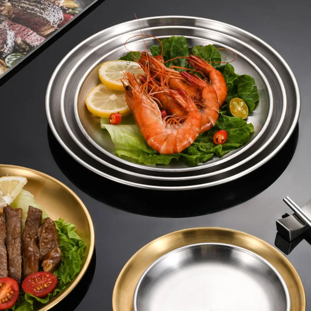 8Pcs Metal Dining Dish Stainless Steel Round Plate Shallow Tray 20/23/26cm BBQ Picnic Camping Food Container Tableware Set view 2