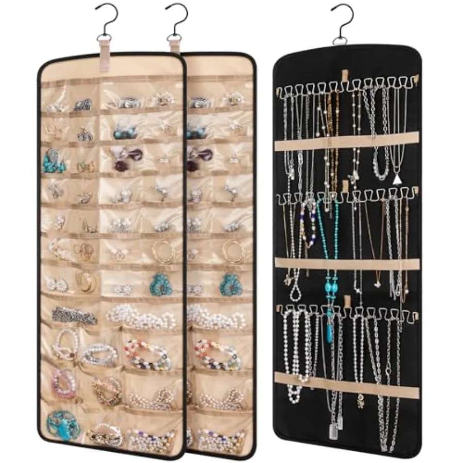 

3 Pack Hanging Jewelry Organizer Storage with 39 Pockets 30 Necklace Hooks Double Sided Wall Mount Earring Holder Organizer Bra