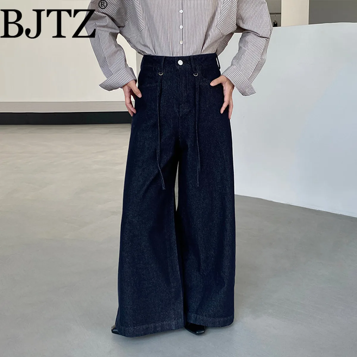 

BJTZ Unique Style Dark Blue High-Waisted Jeans for Women Versatile Straight Wide-Leg Cropped Pants