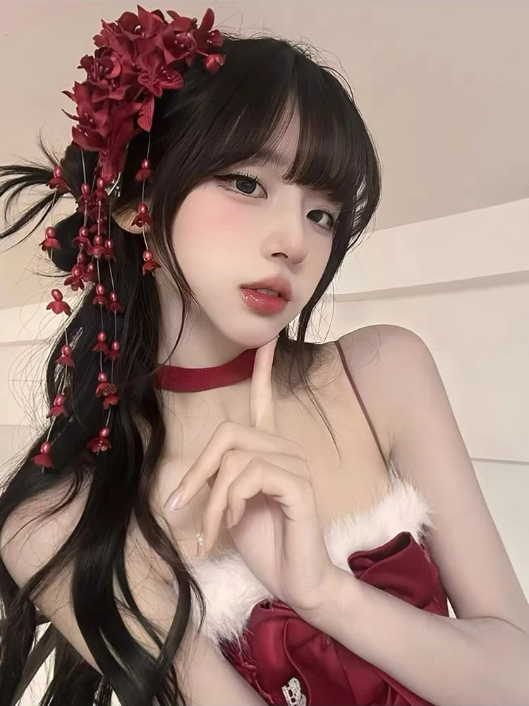 

Ele Red Tassel Floral Hair Accories Chinese Sle Anti-Aging Wedding Hairpins Vintage Updo Hair Jewelry for Brides