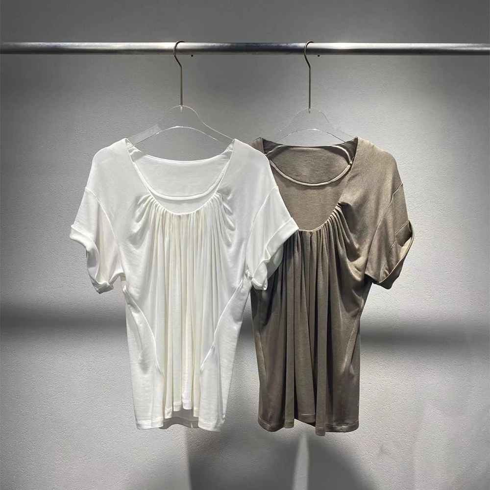 

Женская футболка из шерстяной смеси с драпировкой и круглым вырезом, летняя новинка 2026, в стиле Y2K, повседневная, свободного кроя, с коротким рукавом, мягкая, дышащая, струящаяся.