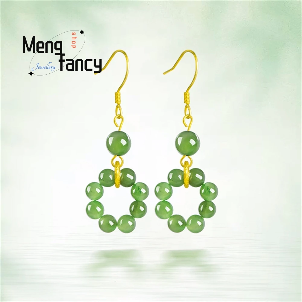 

Old Spinach Green Natural Hetian Jade Jade Pearl Chain Jade Earrings S925 Silver Inlaid Temperament Female Jade Earrings