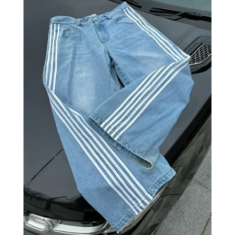 High Street Hip Hop Retro Blue Distressed Striped Denim Loose Pants Men's Y2K Harajuku Casual Simple Straight Leg Wide Leg Pants