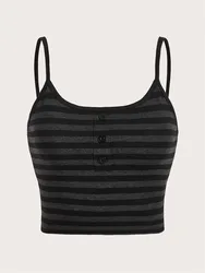 Goth Punk Striped Button Cami Top Women Summer Y2K Clothes Grunge High Street Sleeveless Spaghetti Strap Crop Top Streetwear