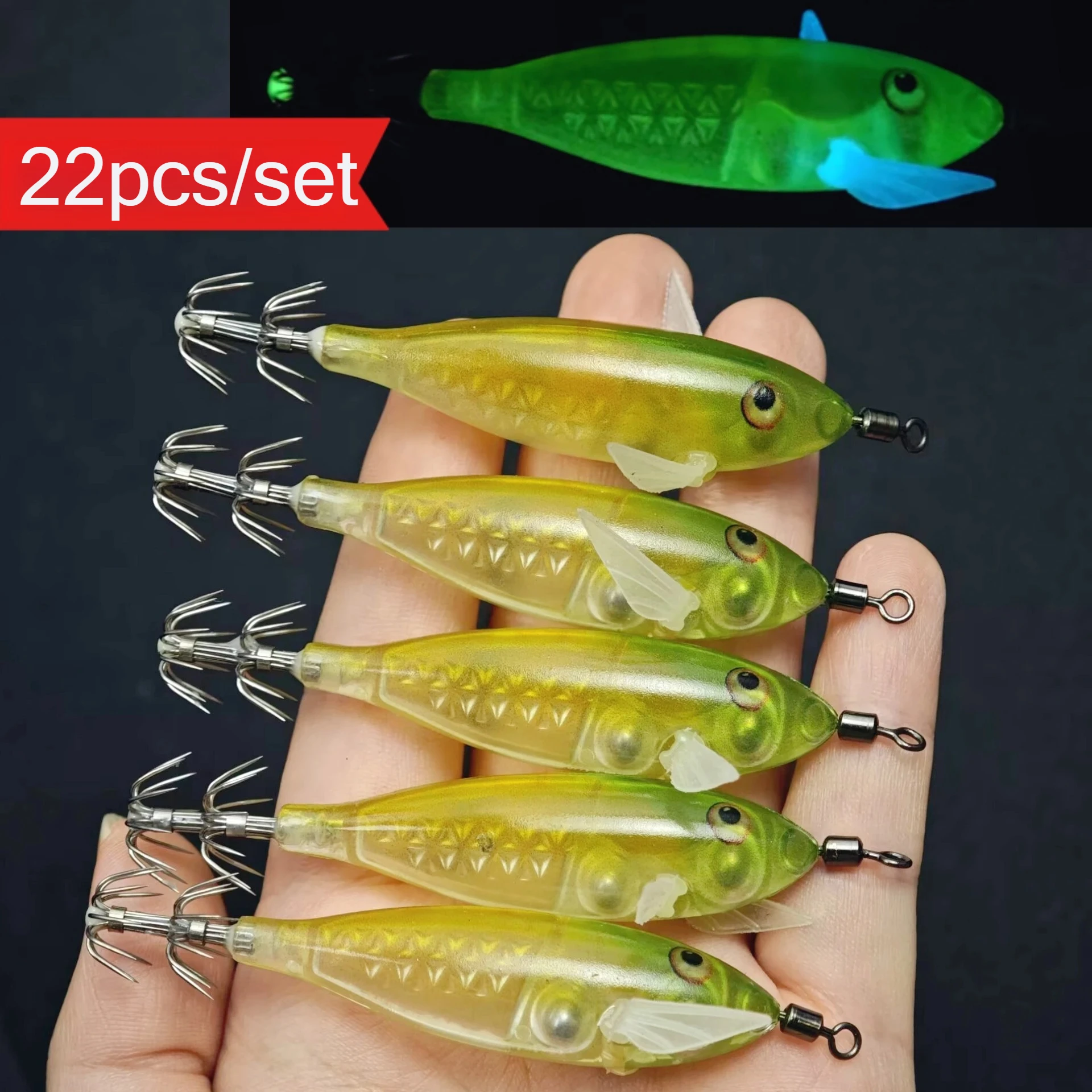 22pcs/set 8cm/ 5.7g Shrimp Fishing Lures Luminous Squid Jig Hook Sea Fishing Accessories Artificial Bait Octopus Lure