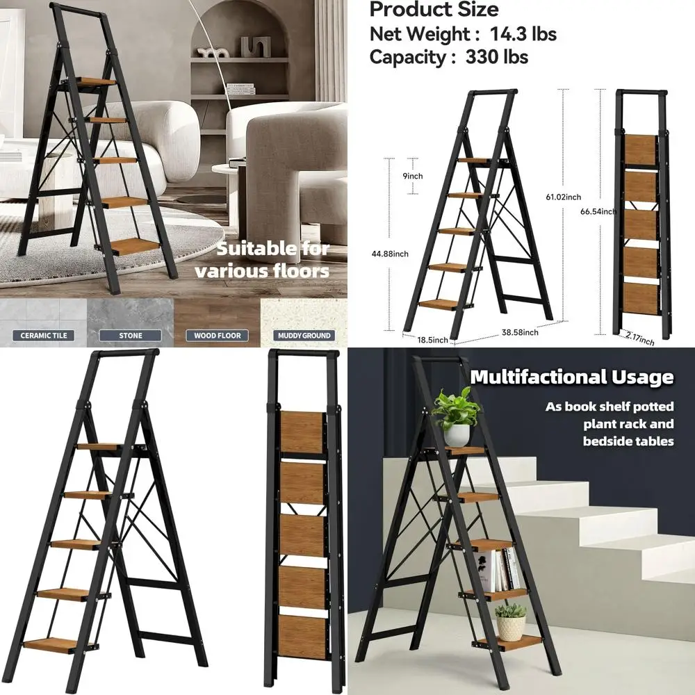 

Складная алюминиевая стремянка, 5 ступеней, рукоятка, противоскользящая, грузоподъемность 330 фунтов, портативная для домашнего и офисного использования, черная древесина