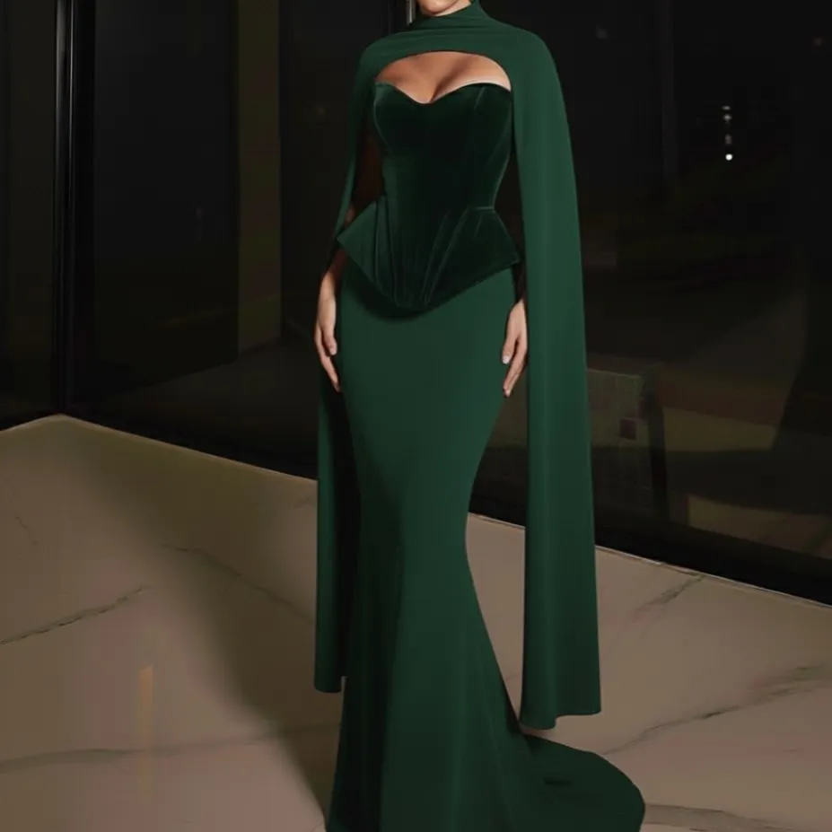 

FOLOBE Sweetheart Velvet Evening Dresses Green Mermaid Cape Sleeve Prom Gowns Pleated for Women Wedding Dress Customized