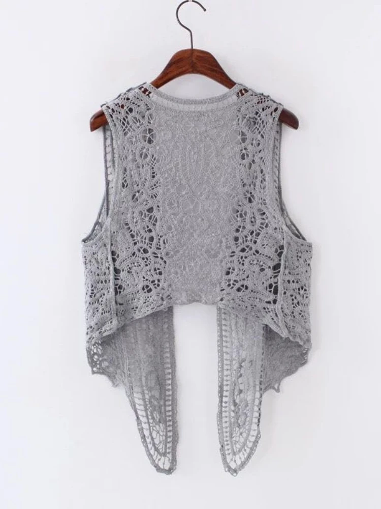 Asymmetric Open Stitch Cardigan Summer Beach Boho Hippie People Style Crochet Knit Embroidery Blouse sleeveless Vest 2022