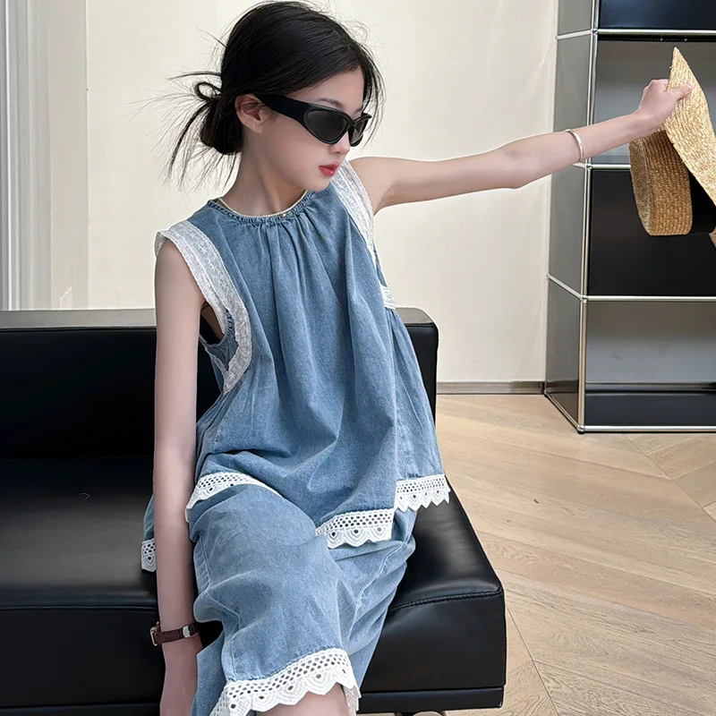 

Summer Girls Denim Set Short Sleeve Tops Skirt Two Pieces Teen Kids Clothes Blue Fashion Thin Casual 4-12 Years Children Outfits