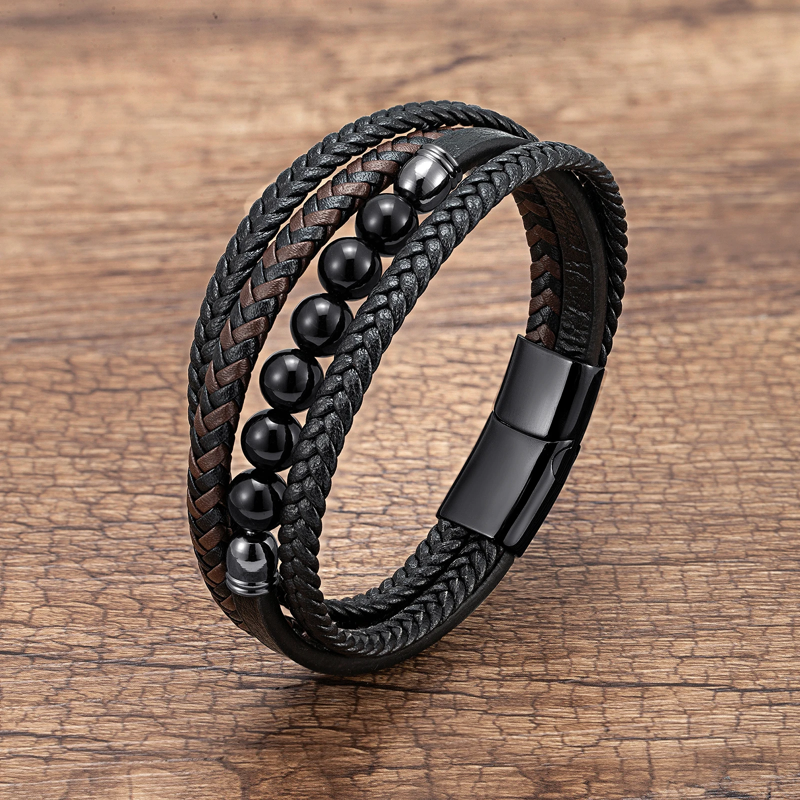 Natürliches Rundes Lavastein-Perlenarmband für Männer, Mehrschichtiges Geflochtenes Lederarmband, Modisches Tigerauge-Schmuckstück, Geschenk für den Freund – Detail 6