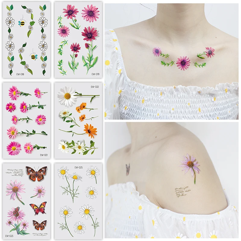 VeeCharm - Daisy Temporary Tattoos for Women/Girls, Flowers, Body Art Sticker - Hand/Neck/Wrist, Brirthday Party, 1/25 Sheet