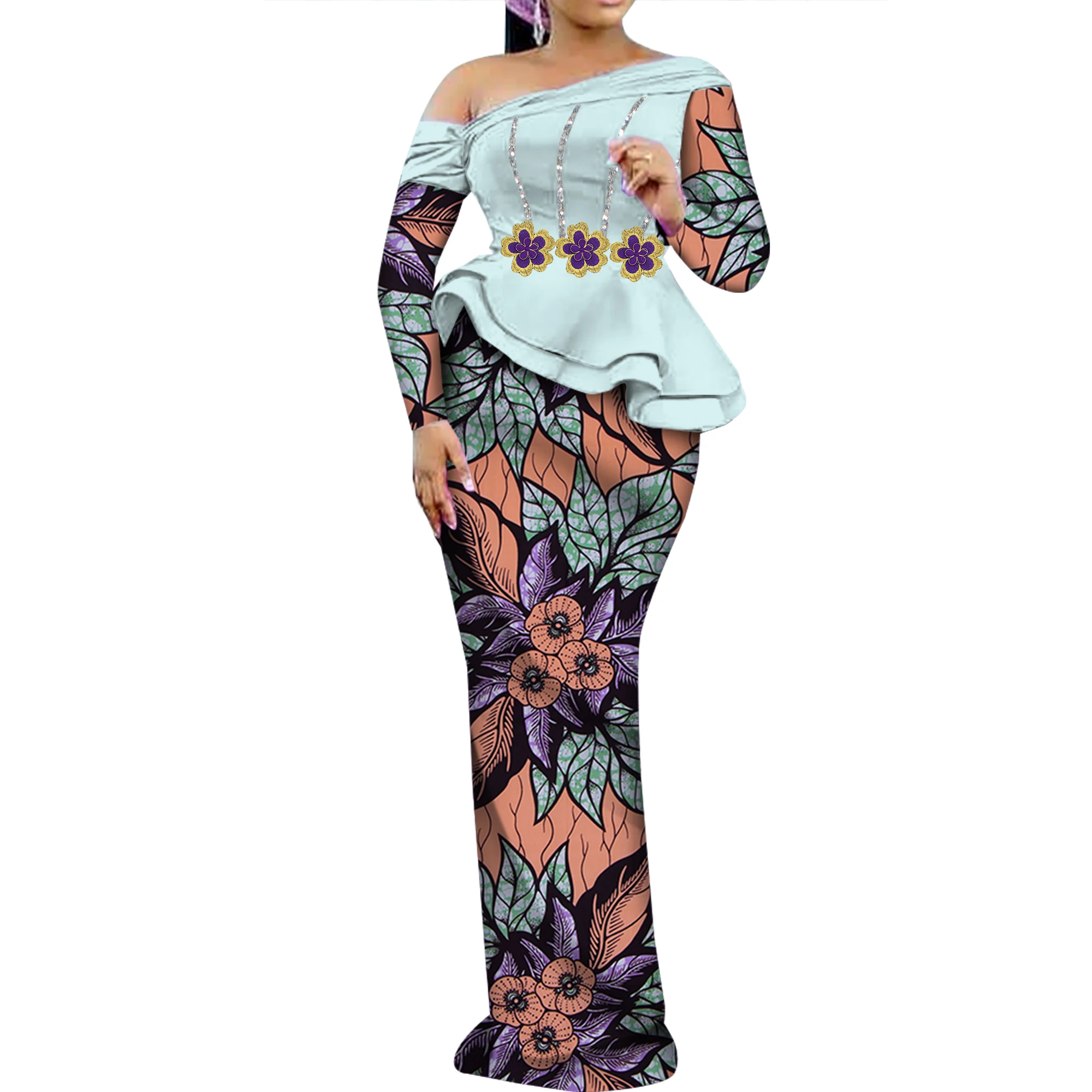 Ensemble dashiki bazin riche pour femmes africaines, vêtement de fête à manches longues, 2 pièces, wy9906