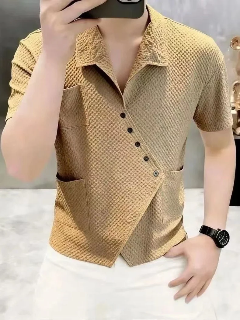 Casual Fashion Men's Short Sleeve Shirt Asymmetrical Lapel Lightweight Luxury Summer Trendy Brand Polyester Fiber Top