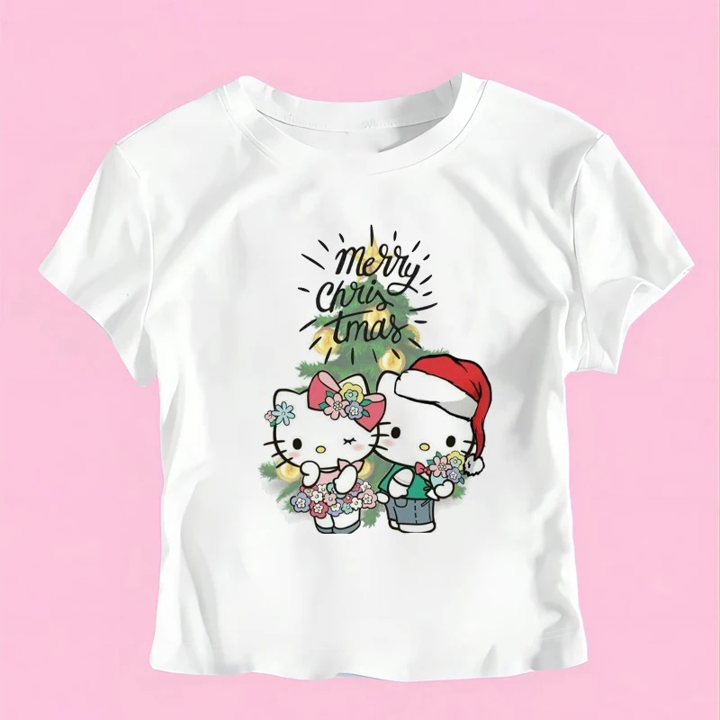 Hello Kitty Print Short Sleeve T-Shirt 2000s Aesthetic Summer Slim Baby Tee Streetwear Harajuku Cute Women Crop Top Y2K Clothes image 4