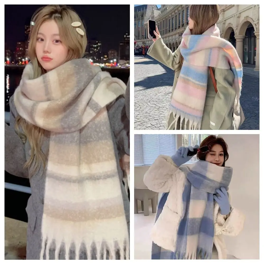 

Retro Mohair Plaid Wool Scarf Tassel Winter Cashmere Scarves Thicken Solid Color Long Shawl Student