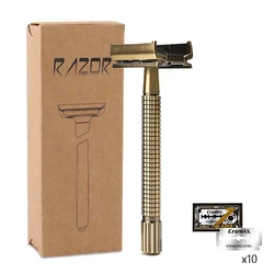 Berjaya Nostalgic Bronze Long Handle Butterfly Open Double Edge Safety Razor，Reusable Brass Metal Manual Shaver Close Comb