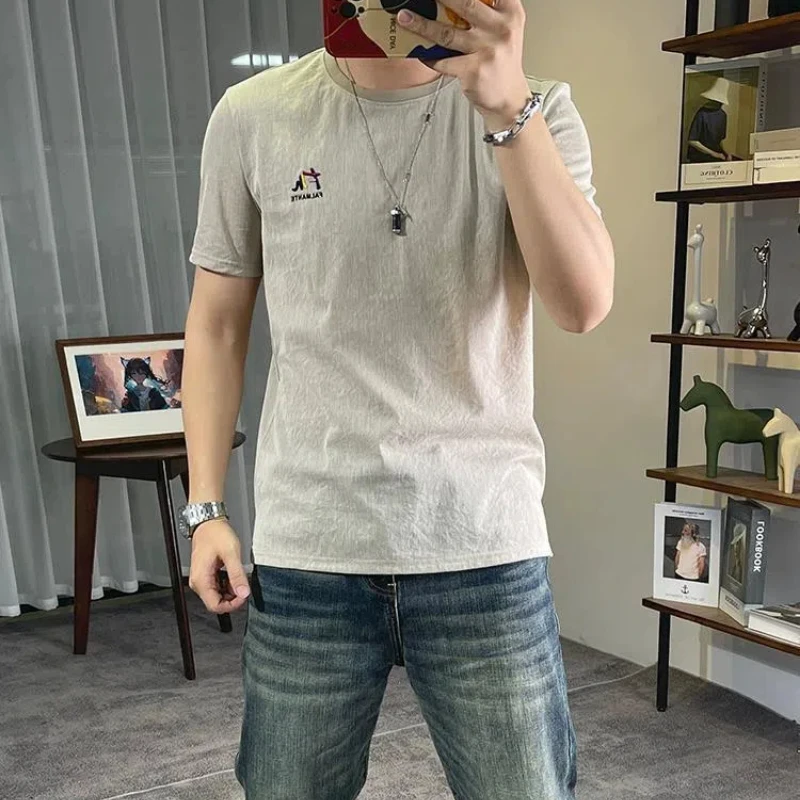 

Character Printed Short-sleeved Summer New Ice Silk Linen T-shirt Round Neck Men's Slim Half-sleeved Youth Cotton Linen T-shirt