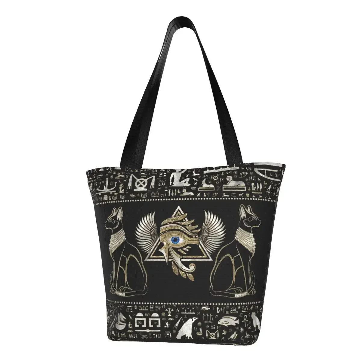 

Egyptian Cats Hieroglyphs Groceries Shopping Bag Canvas Shopper Shoulder Tote Bags Large Capacity Egypt Eye Of Horus Handbag