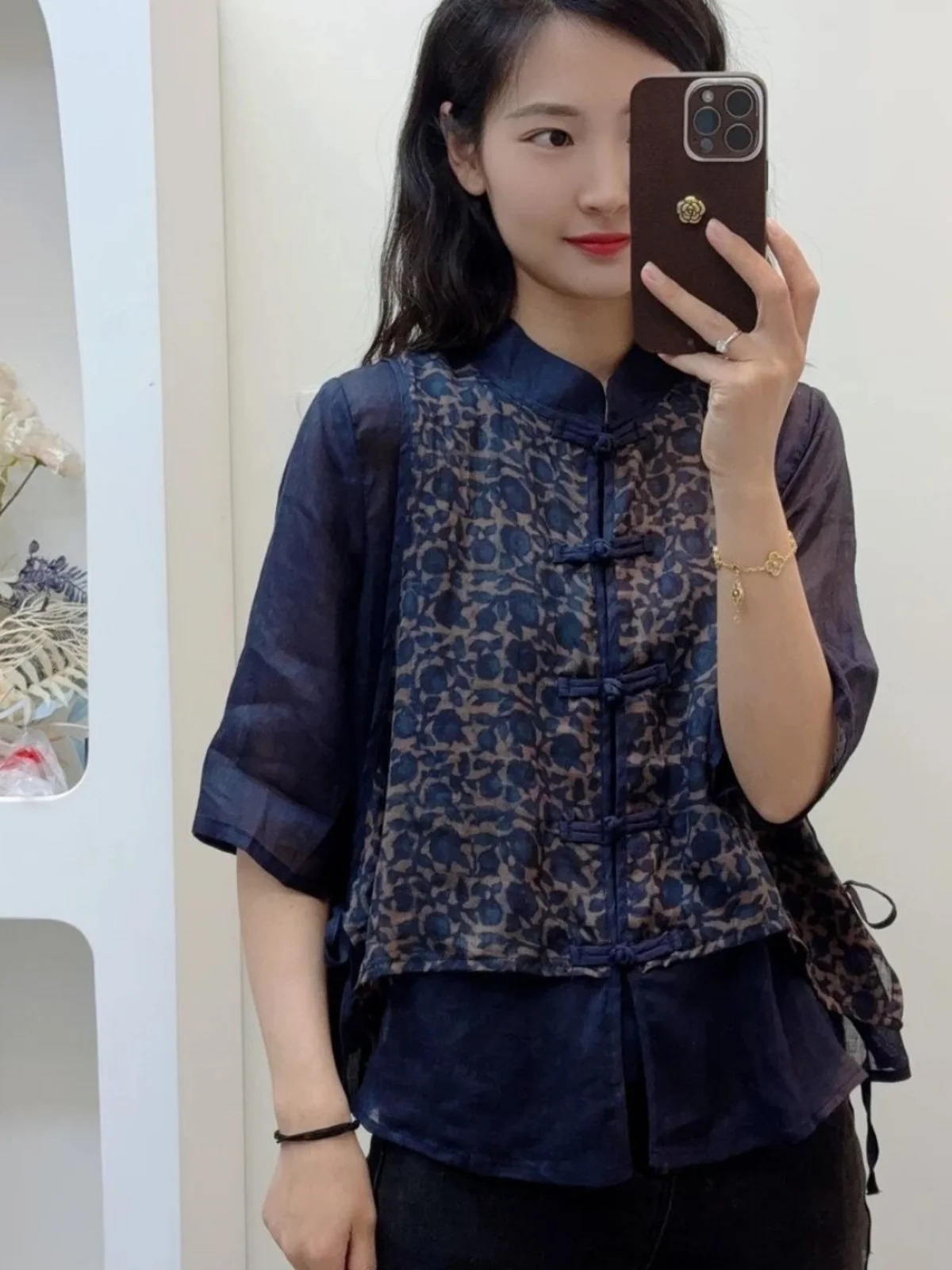 

New Chinese Sle Printed Flax Loose Women's irt Summer 2025 Artistic Retro Single Button round Ne Seven Sve Length