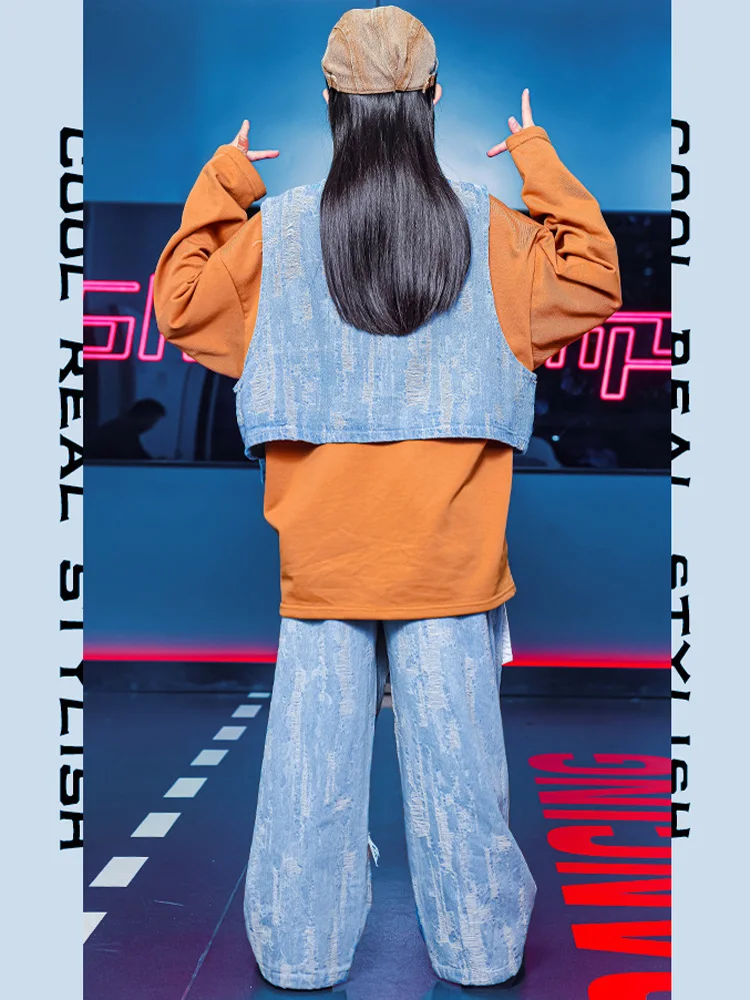Kinder Street Dance Kleidung Kinder Jazz Kpop Bühne Outfit Junge Streetwear Weste Mädchen Hip Hop Kostüm Denim Shuffle Hosen