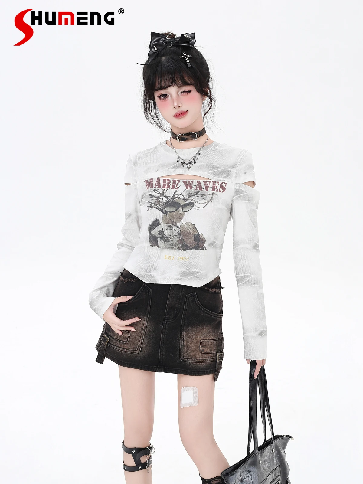 

American Fashion Streetwear Sweet Cool Girl Tops Round Neck Hollow Out Off-Shoulder Long Sleeve Creative Print T-Shirts Women