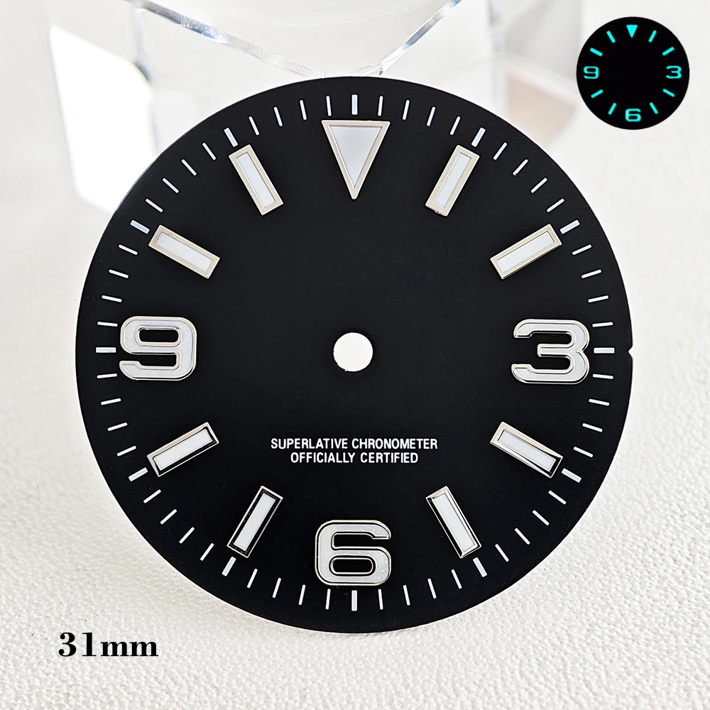 NH35 28.5mm 31mm Explorer Style Watch Dial No Logo Ice Blue Luminous Fit NH35 NH36 Automatic Movement Custom Logo Watch Dial