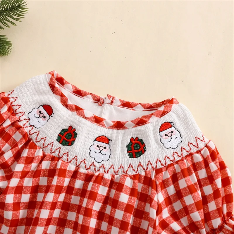 Baby Girls Christmas Romper, Short Sleeve Crew Neck Embroidery Plaid Infant Bodysuit Summer Clothes