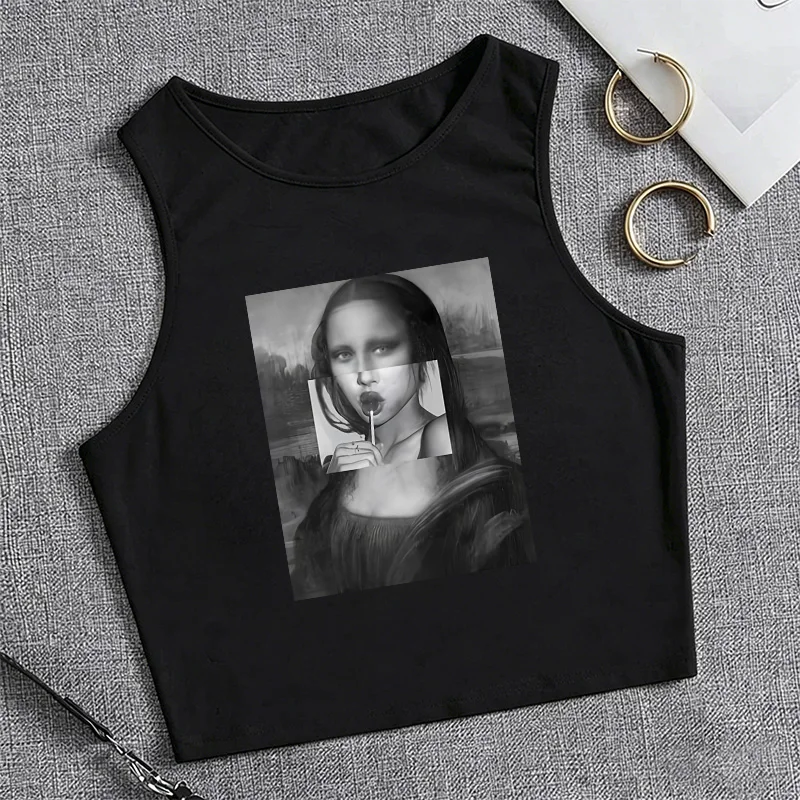 Vintage Mona Lisa Girls Print 90er Jahre Crop-Top für Damen, ärmelloses Tank-Top, stilvolles Weste-Crop-Top, lässiges T-Shirt, Y2k-Mode