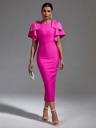 Rose Pink Pearls Prom Dress Sexy Sheath Autumn Formal Red Carpet Party Gown Short Sleeves Pageant Party Skirt Robe