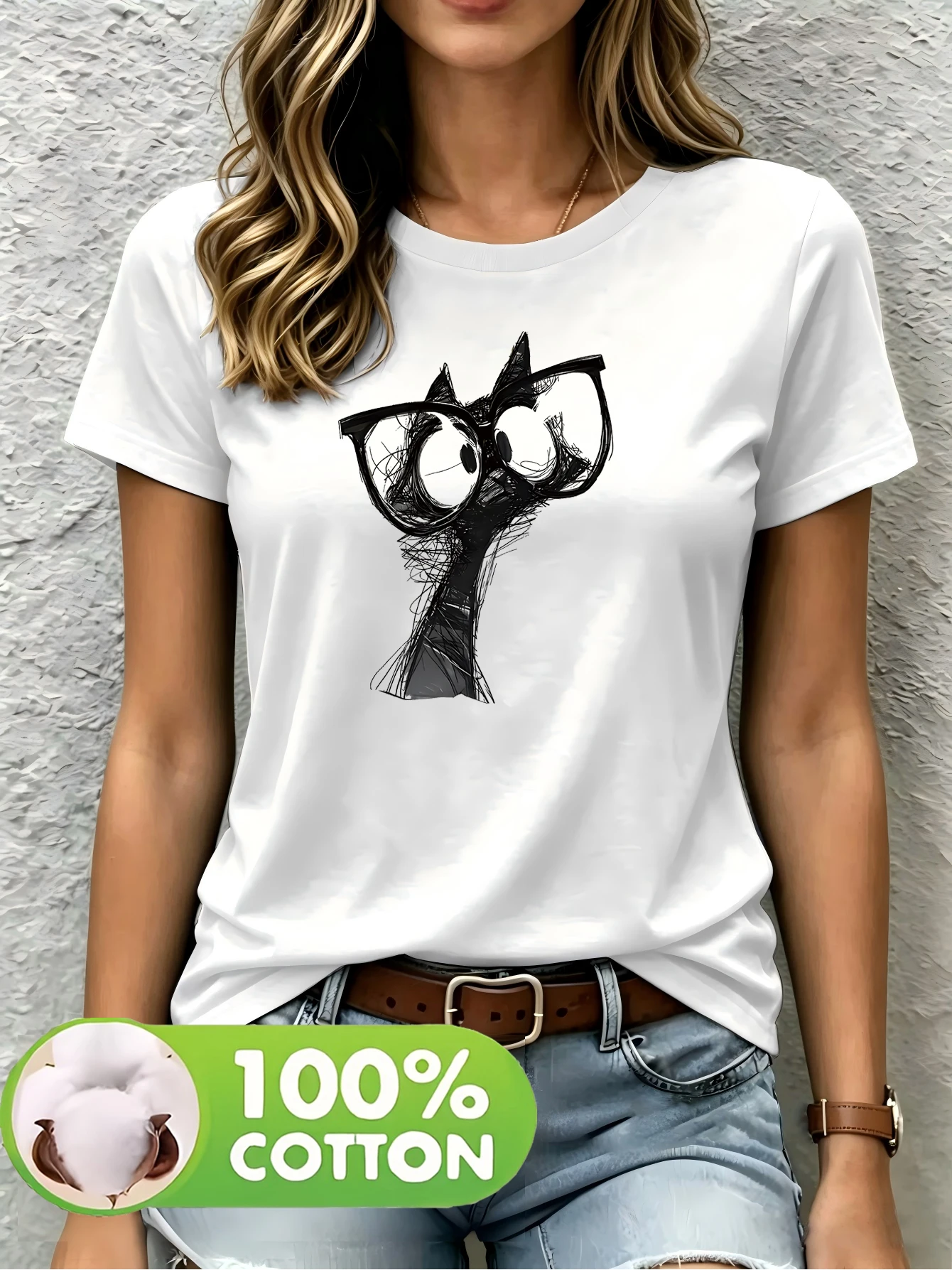 100% Cotton Material, 1 Pack, Women’s Solid-Colored Printed Round-Neck T-Shirt, Cotton Fabric, Comfortable and Breathable.