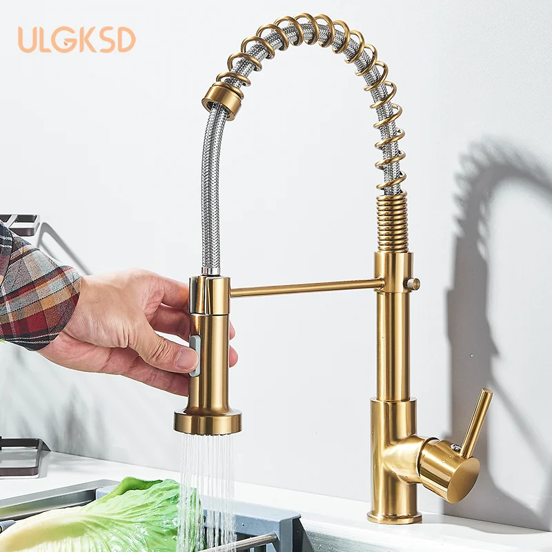

Золотой кухонный смеситель, выдвижной распылитель, насадка для смесителя для горячей и холодной воды, одна ручка, латунь, краны для кухонной мойки, кран