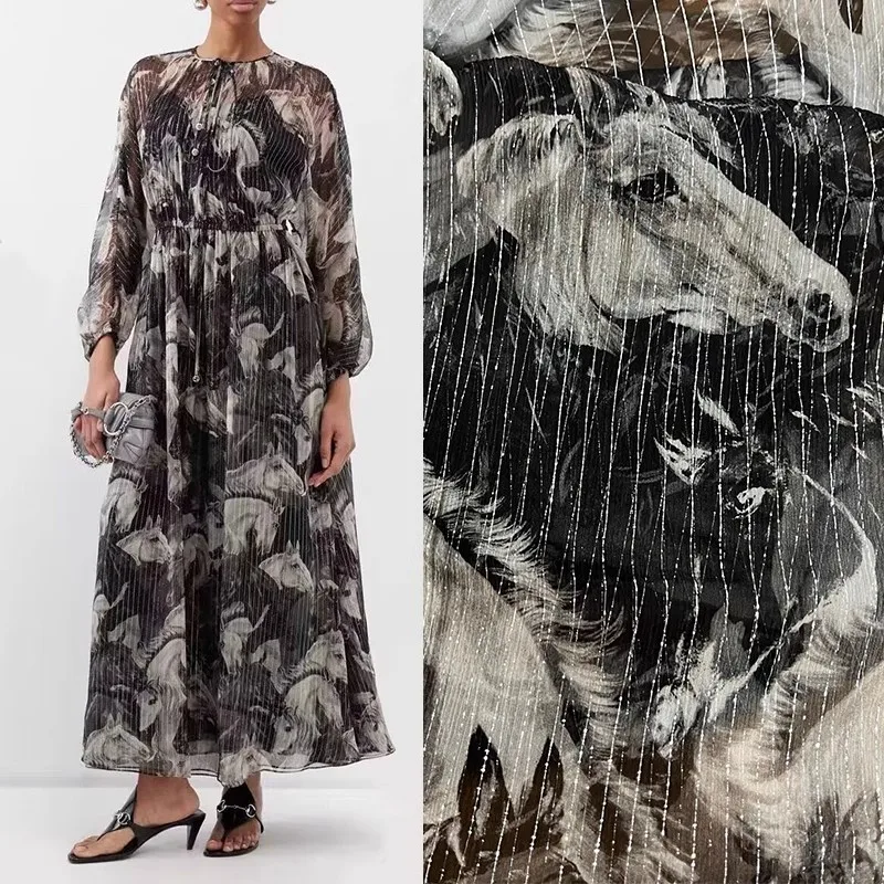 

Europe And America Fashion Black Base Horse Head Printed Natural Silk Chiffon Crepe For Women Dress Blouse Handmade DIY Cloth