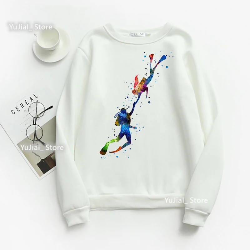 Watercolor Scuba Diving Lover Printed Sweatshirt Women'S Clothing Sport Art Funny Hoodies Femme Harajuku Tracksuit Jumper Tops