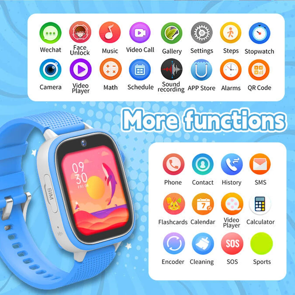 Reloj inteligente 4G para niños, pantalla grande de 1,83 pulgadas, música, vídeo HD, llamada, SOS, cámara de desbloqueo facial, deportes, GPS, LBS, WIFI, ubicación, teléfono