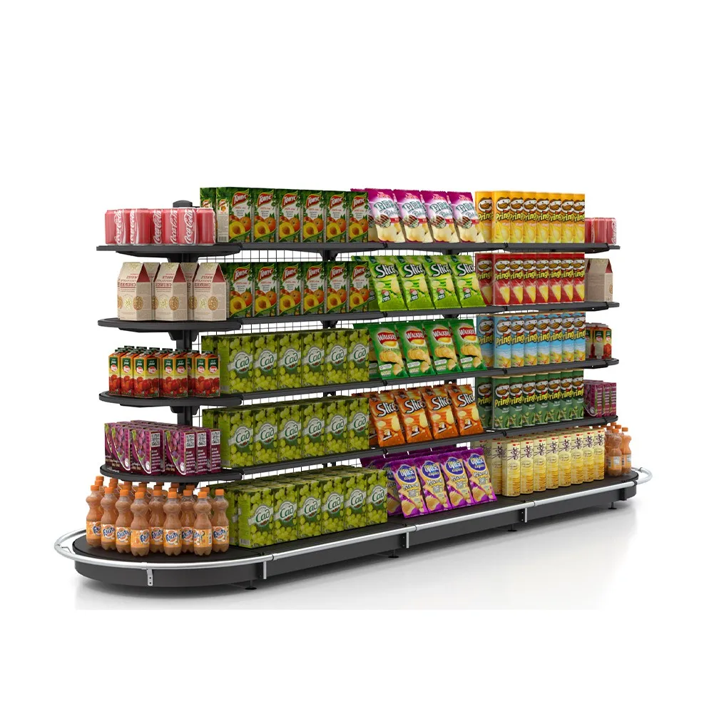 Double-Sided Curved Metal Heavy Duty Powder Coated Supermarket Shelf Display Racks Gondola Shelving for Retail Customization