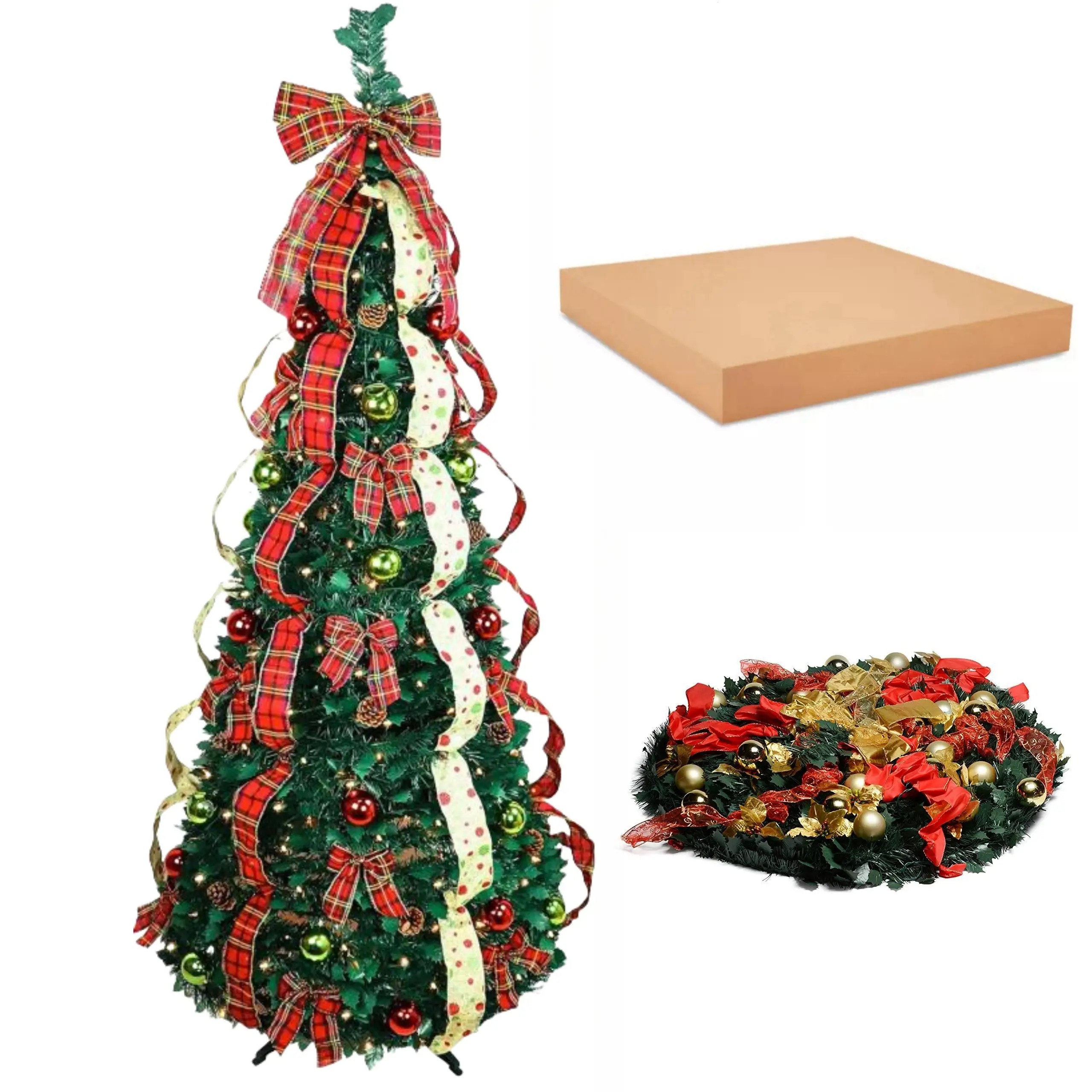 NEW 6ft Collapsible Christmas Tree 2024 New Pre-Decorated with 350 Warm Lights,Gold and Red Color,Polyvinyl Chloride Material