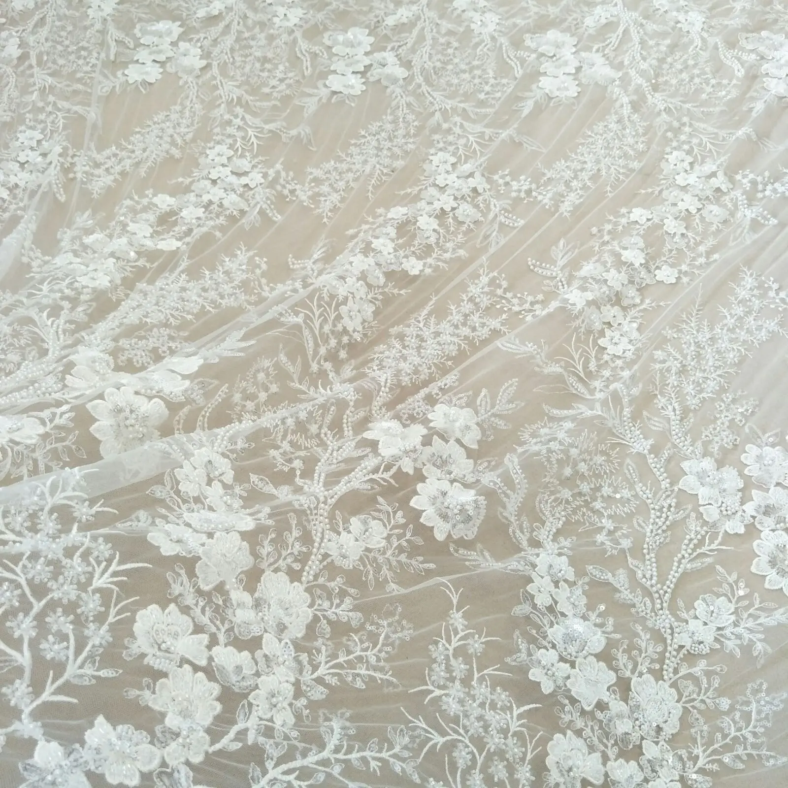 New arrival sequins lace fabric with beads 130cm width dress lace fabric sell by yard