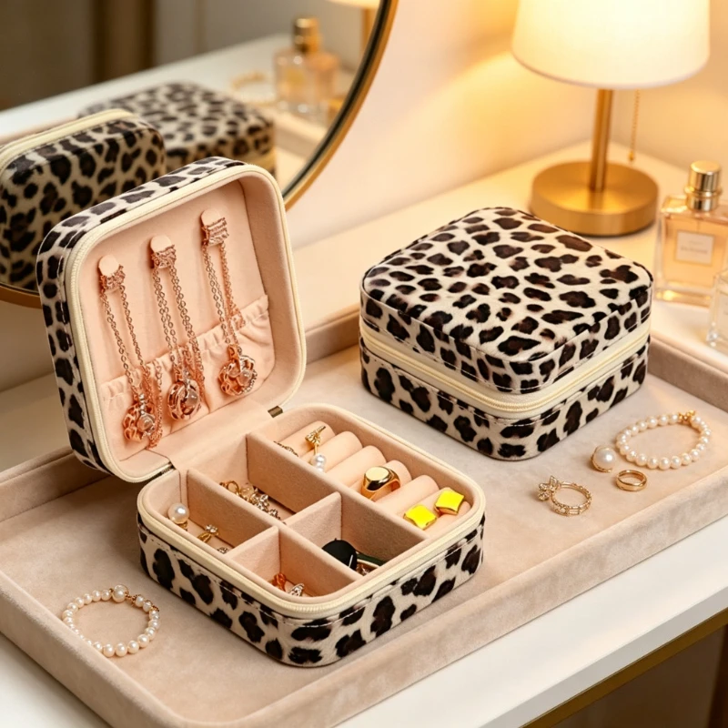 1pc Leopard Print Jewelry Box Faux Leather Travel Organizer with Zipper Multi-Compartment Storage for Watches Necklaces Earrings