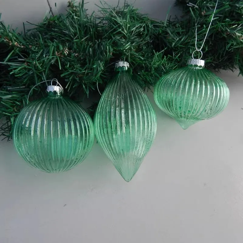 

Free Shipping 8pcs/pack Different Design Green Striped Glass Ball Home Decoration Christmas Pendant Ornament Hanging Onion Cone