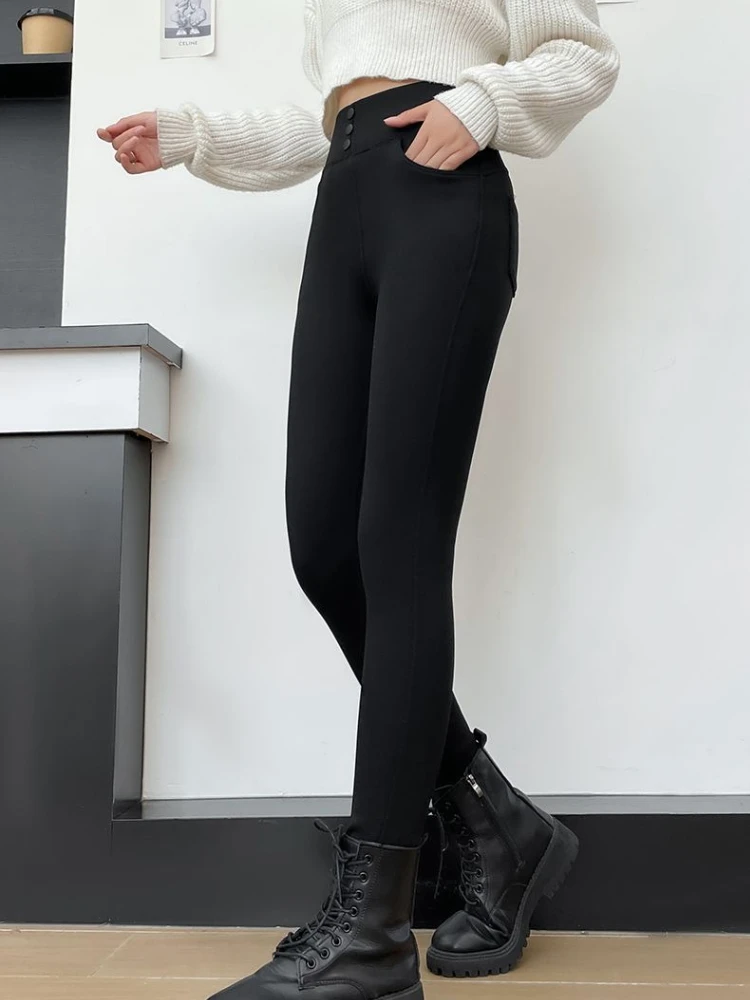 カシミヤ製暖かい黒パンツ レディースファッション ハイウエストフィットレギンス 2025秋冬新作 スリム厚手パンツ