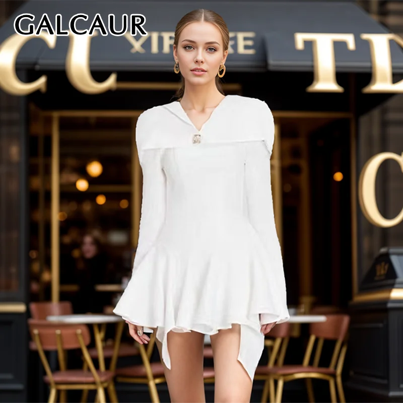 

GALCAUR White Spliced Irregular Shawl Mini Dress For Women Camisole Off Shoulder Long Sleeve Pleated Elegant Slim Dresses Female