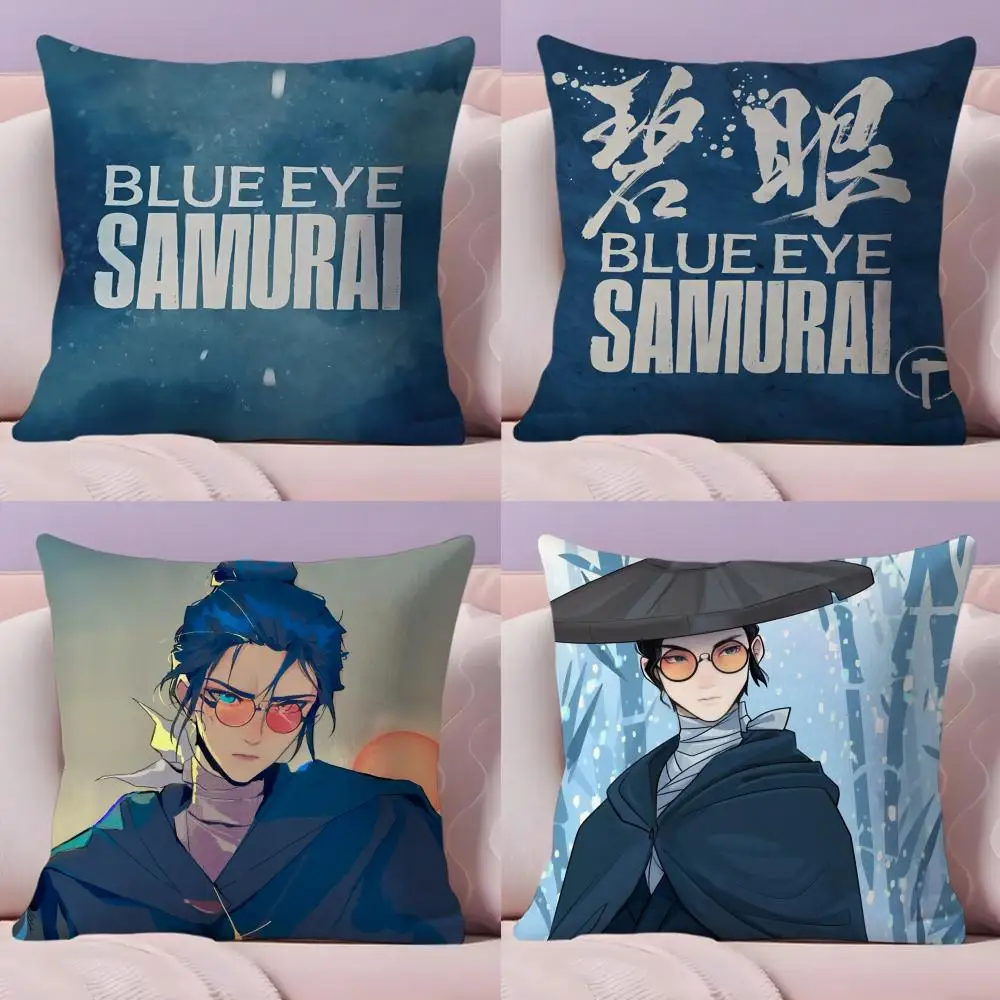 B-Blue Eye Samurai Anime Cushion Cover Natural Linen Organic Fabric Double-Sided Printing Sofa Home Decor Gift Pillow Cover