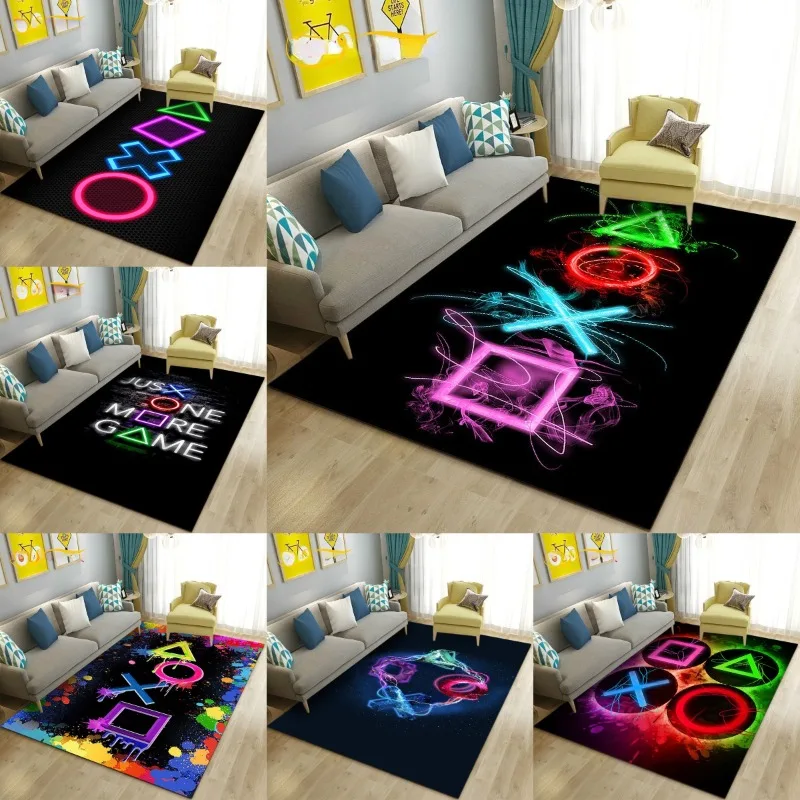 

Game Controller Carpet Neon Gamepad Circle Cross Square Triangle Non-slip Rug Mat Living Room Home Decoration ONE MORE GAME