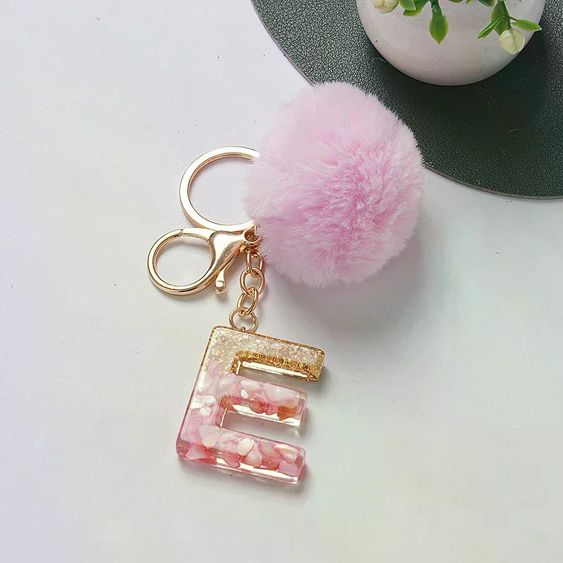 Cute Keyring Pink Pompom Fur Ball 26 Letter Keychain Resin Key Chains Handbag Charms For Woman Ornaments Accessories Gift