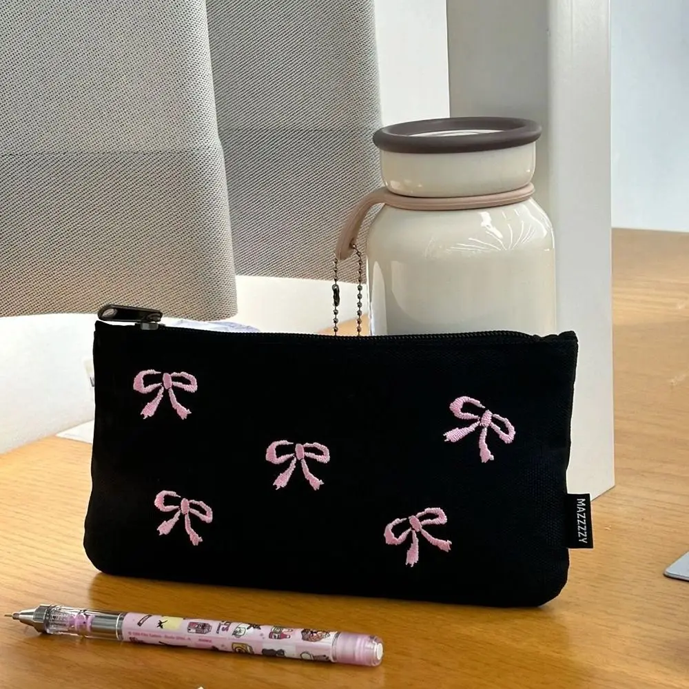 Trendy Canvas Cute Embroidered Bag Lovely Print Bowknot Cosmetics Bag Square Shape Storage Bag