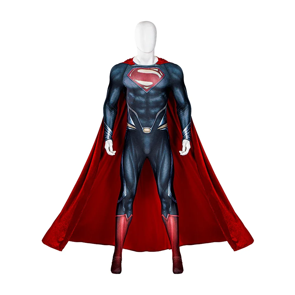 

Adult Superhero Steel Man Cosplay Bodysuit Cape Set Clark Kent Printing Jumpsuit Halloween Hero Costume Red Velvet Cloak