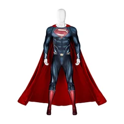 Adult Superhero Steel Man Cosplay Bodysuit Cape Set Clark Kent Printing Jumpsuit Halloween Hero Costume Red Velvet Cloak