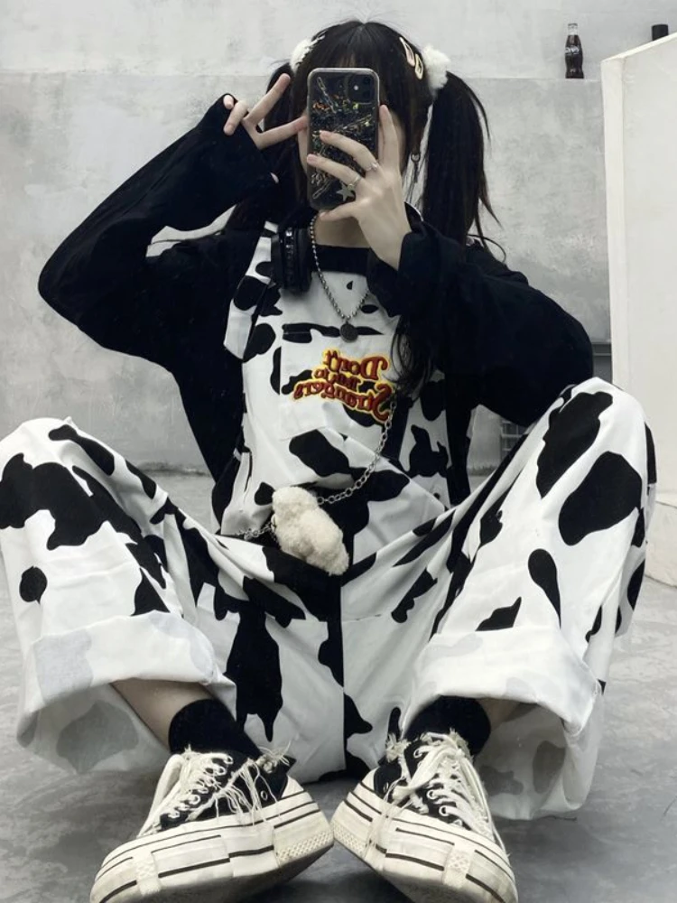 HOUZHOU-monos con estampado de vaca Hippie, pantalones Harajuku con estampado de vaca, monos de estilo coreano, pantalones informales holgados de pierna ancha, primavera 2022