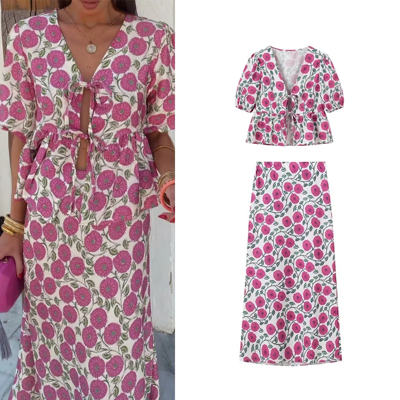 Conjunto de moda de primavera con csa estampada con lazo de mariposa dulce y falda entallada de cintura alta, ropa ele...