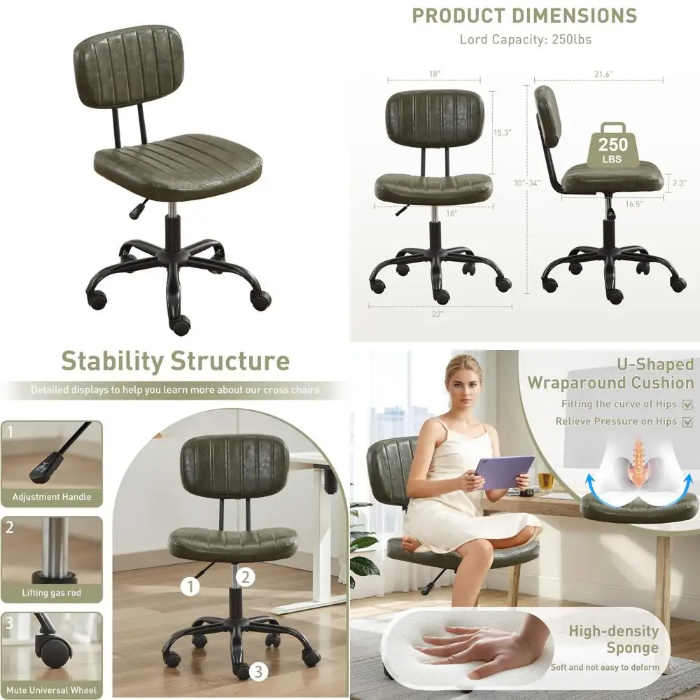 

Adjustable Swivel Low-Back Armless Office Chair with Wheels for Home, Office, or Dining (Green)